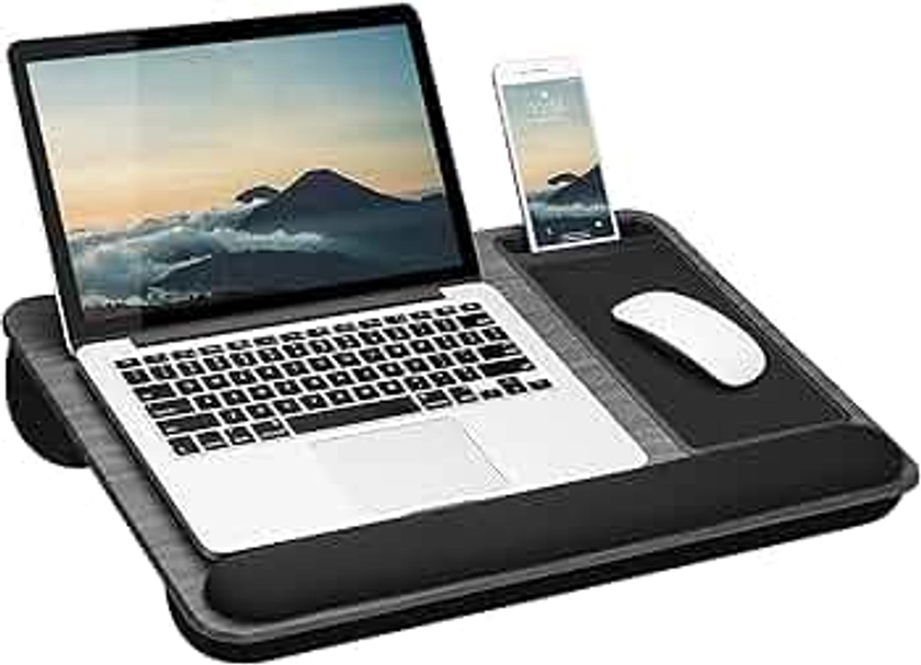 LAPGEAR Home Office Pro Lap Desk with Wrist Rest, Mouse Pad, and Phone Holder - Gray Woodgrain - Fits up to 15.6 Inch Laptops - Style No. 91595