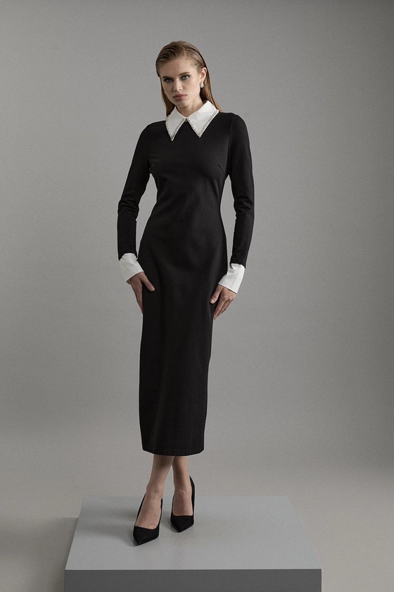 Petite Ponte Embellished Contrast Collar Fitted Maxi Dress