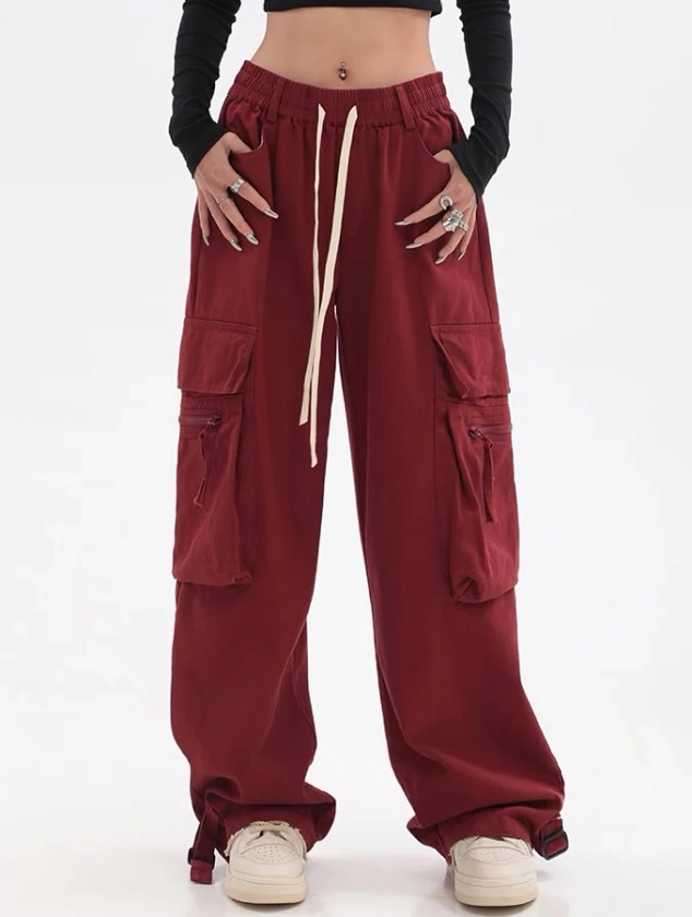 Layla Solid Color Red Straight Leg High Waist Multi-Pocket Cargo Pants