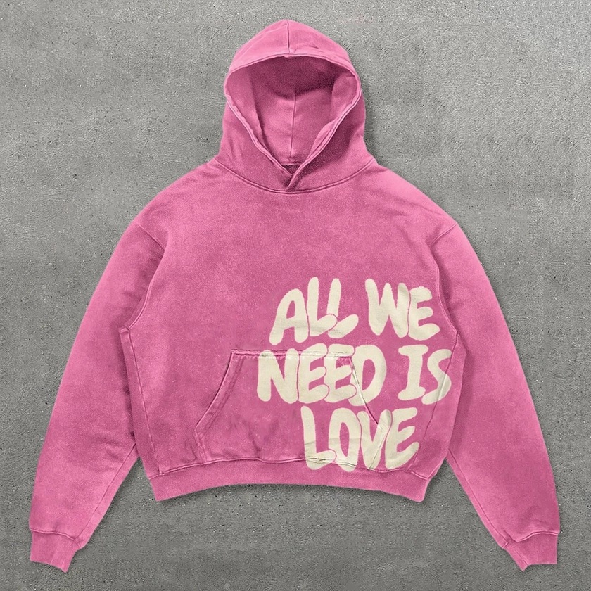 All We Need Is Love Print Graphic Acid Washed Oversized Hoodie