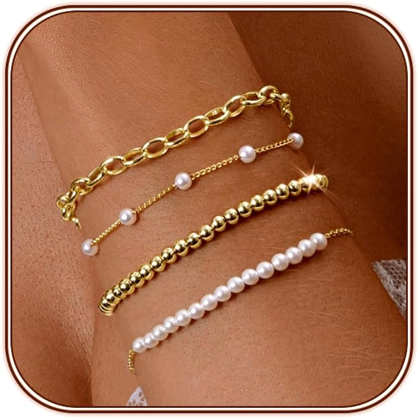 Zeffy Gold Pearl Beaded Bracelets for Women, 14K Gold Plated Bead Pearl Bracelet Stack Jewelry Sets Paperclip Link Chain Bracelet Gold Bracelets for Women Trendy Jewelry