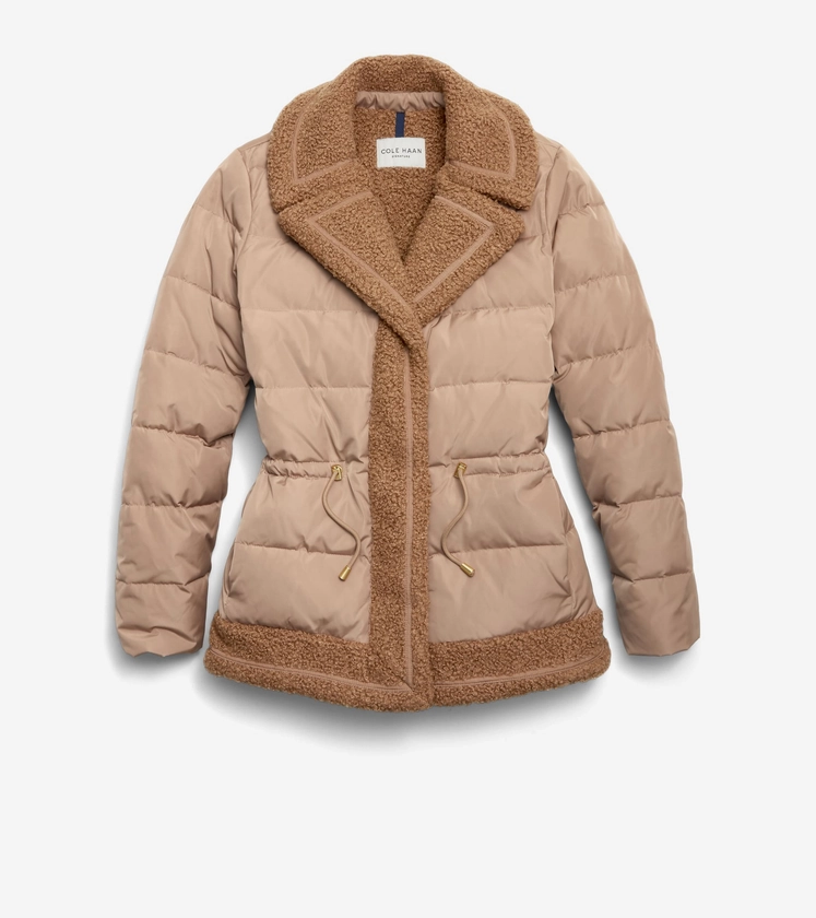 Women's Taffeta Down Jacket with Faux Fur in Beige Or Khaki | Cole Haan