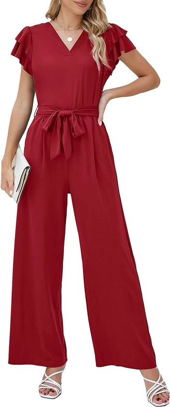 Blooming Jelly Women Dressy Jumpsuits One Piece Business Casual outfits Ruffle Sleeve V Neck Belted Summer Rompers