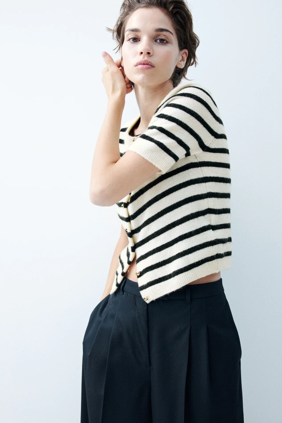 Knitted cardigan - Round neck - Short sleeve - Cream/Striped - Ladies | H&M GB