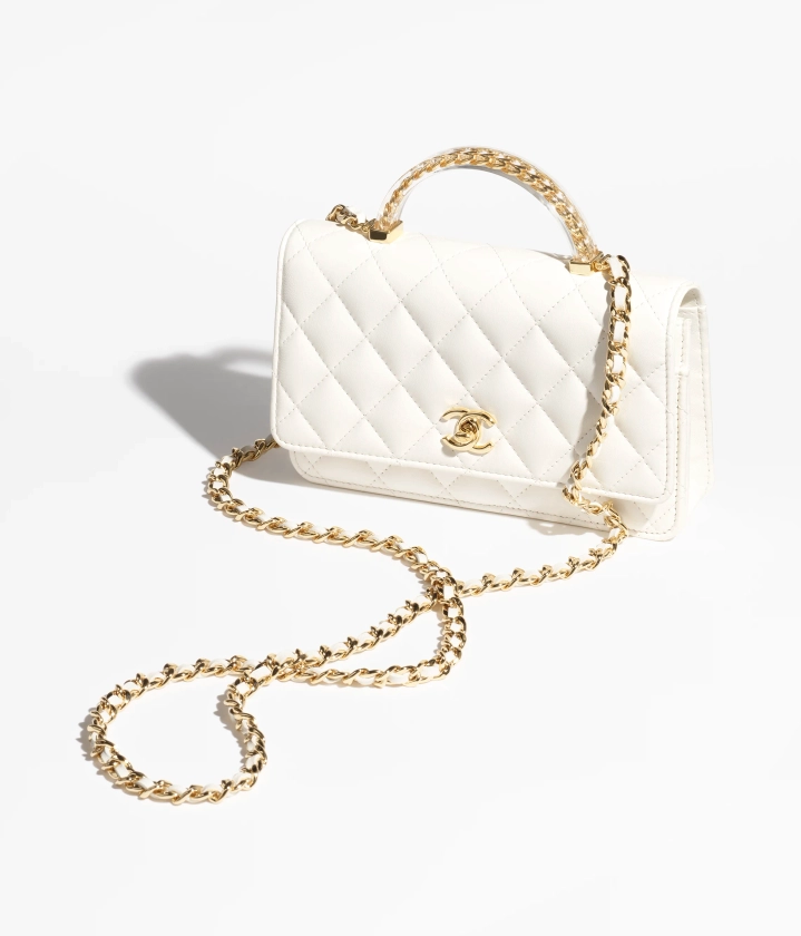 Wallet on chain - Agneau, résine & métal doré, blanc — Mode | CHANEL