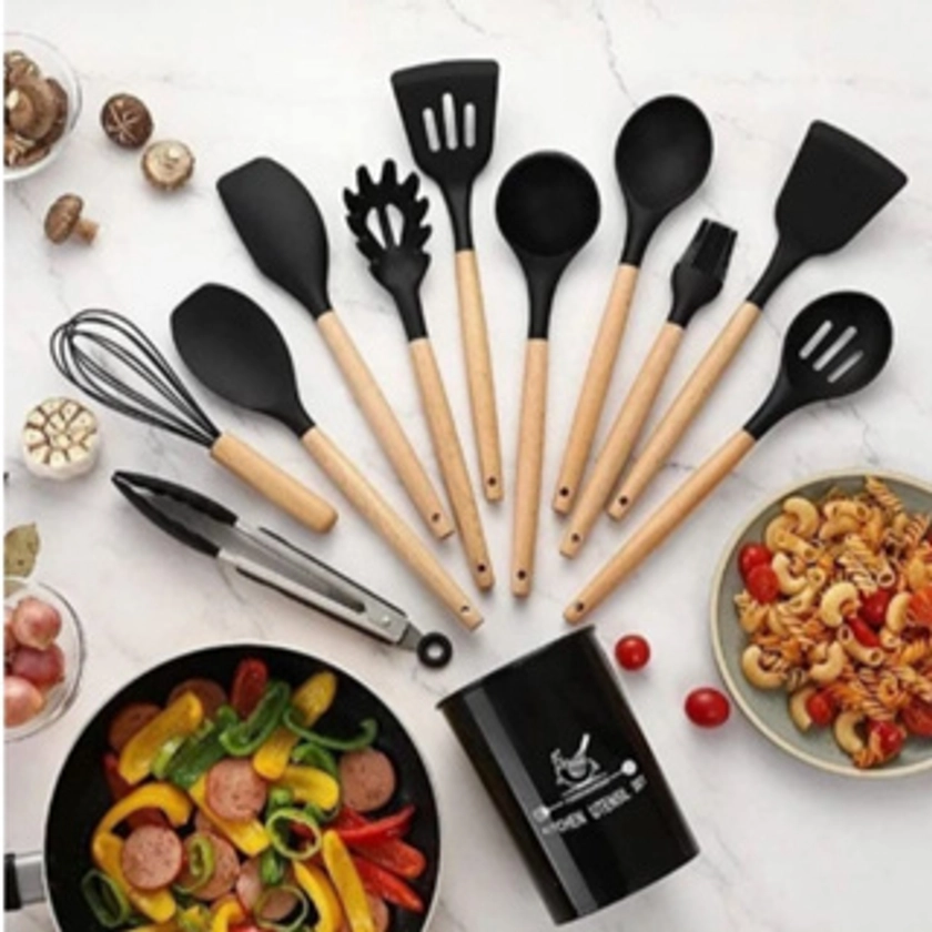 Jogo de Cozinha Kit com 12 Peças de Silicone, Utensílios e Copo Suporte para Cozinha Cabo de Madeira | Shopee Brasil