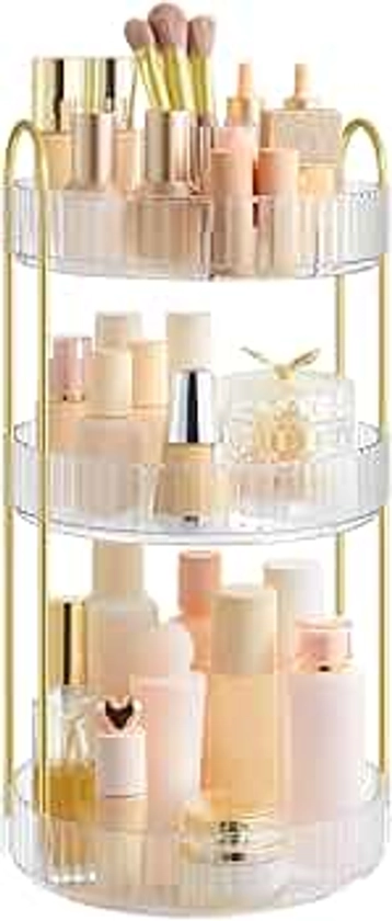 SONGMICS Makeup Organizer, 3-Tier Round Rotating Skincare Organizer Countertop, Customizable, Toiletries Vanity Organizer, Lazy Susan, Gift, Transparent UJKA011W02