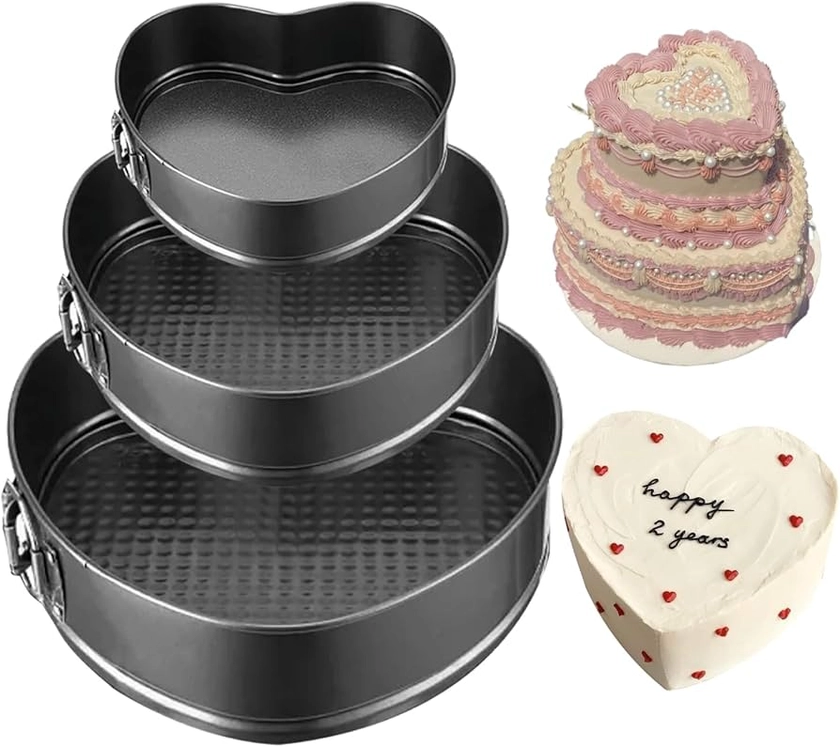 Springform Cake Pan Set of 3 (4, 7, 9 Inch) Heart Leakproof Nonstick Cheesecake Pans with Removable Bottom Carbon Steel Bakeware