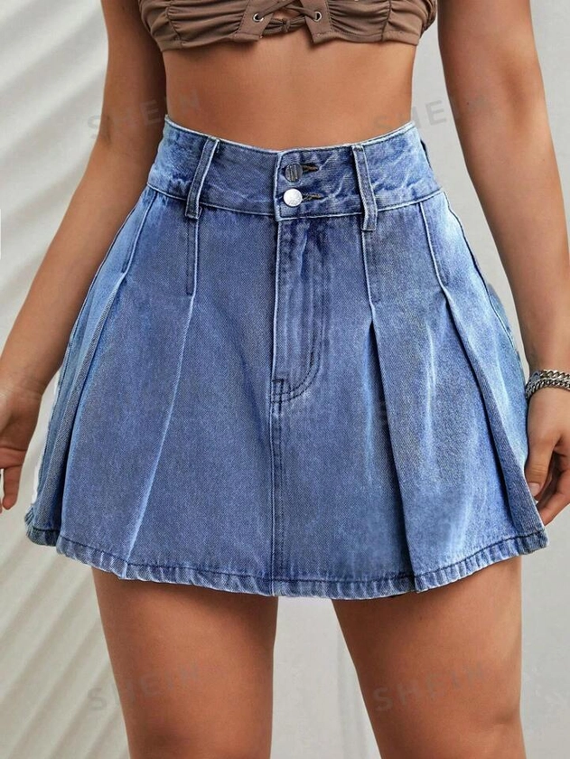 SHEIN ICON Women's Ruffle Hem Short Casual Denim Mini Skirt