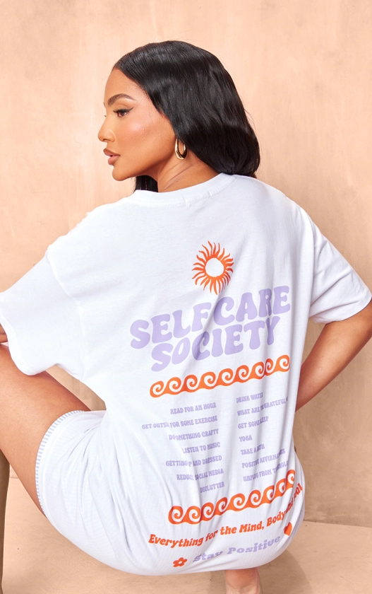 White Self Care Graphic Oversized Tee | Tops