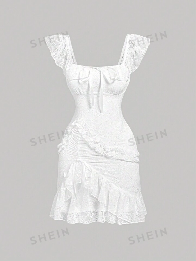 SHEIN MOD Vestido blanco con dobladillo de volante y estilo de ballet romántico de encaje