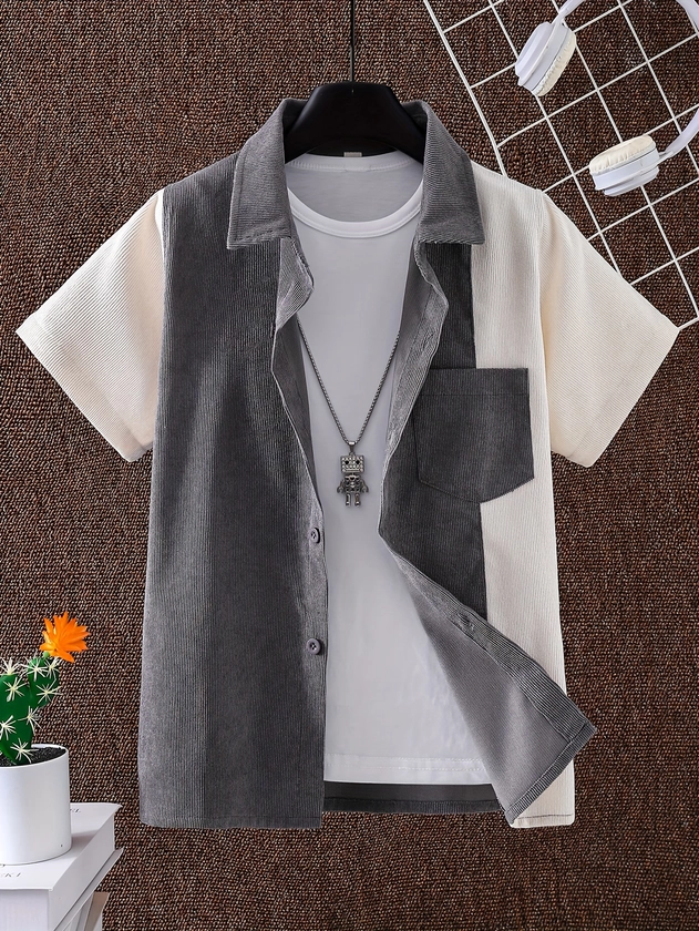 Boys Corduroy Stitching Shirt, Casual Short Sleeve Lapel Shirt Tops, Boys Clothes For Summer Outdoor