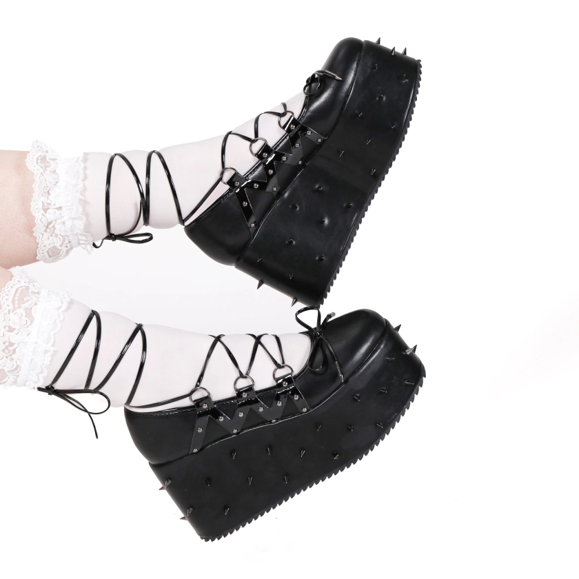 Zorina Lace Up Platform Ballet Shoes - Black