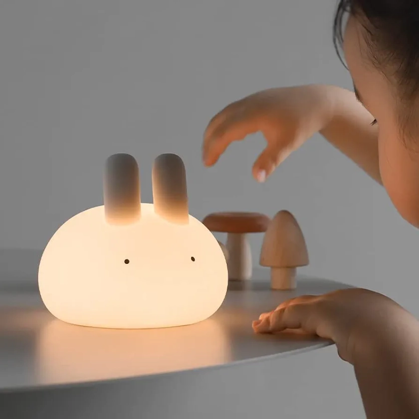 KIOMEKO Cute Bunny Night Lights for Kids, Silicone Lamp with 2 Level Brightness and Timer, Rechargeable Bedside Touch Lamp, Kawaii Gifts for Kids