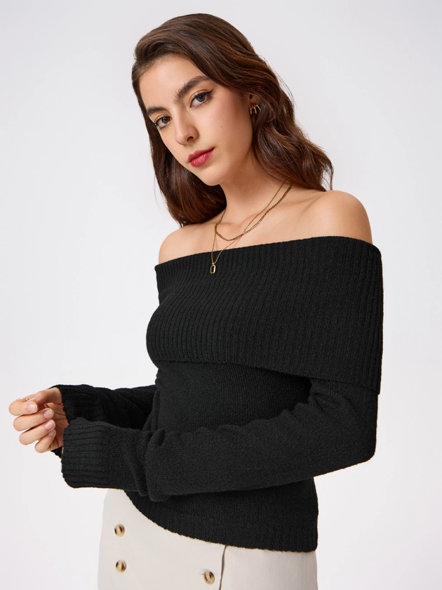 Off-shoulder Knitted Long Sleeve Top