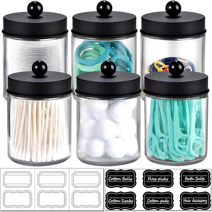 Amazon.com: Amolliar 6Pc Apothecary Jars Bathroom Vanity Organizer- Rustic Farmhouse Decor Storage Canister with Stainless Steel Lids- Qtip Dispenser Holder for Q-Tips,Cotton Swabs,Rounds,Ball,Flossers (Black) : Office Products