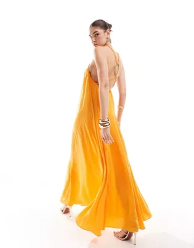 ASOS DESIGN satin racer trapeze volume maxi dress with gold hardware in orange | ASOS