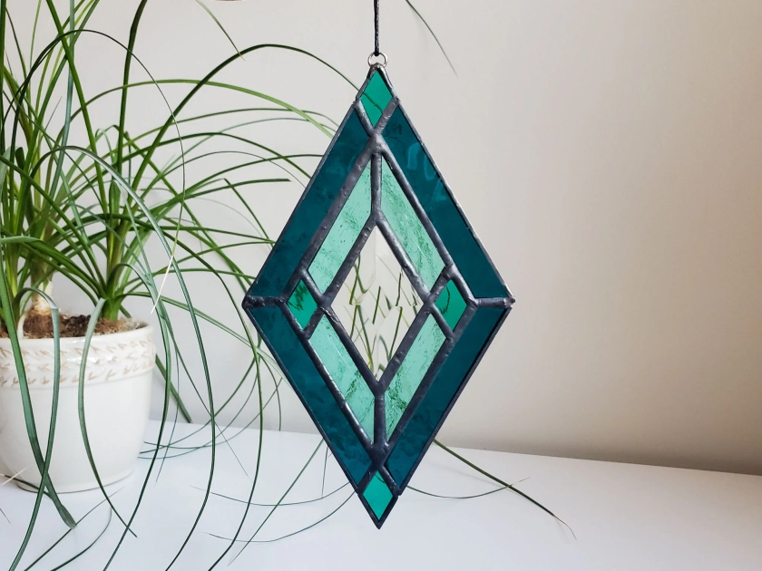 Teal Art Deco Diamond - Stained Glass
