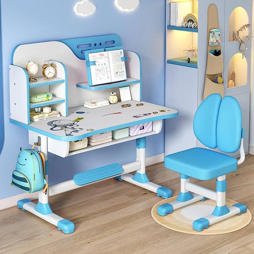 Kids desk and chair set,Premium Kids Study Desk Chair Set,Height Adjustable Children's Desk and Chair School Study Table Chair ,Ergonomic Desk Chair with Writing Board, Bookshelf and Drawer (Blue)