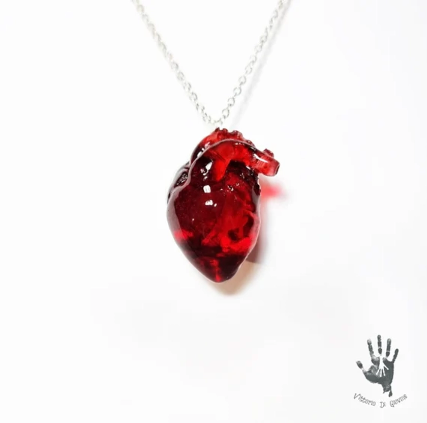 Handmade anatomical heart pendant with blood red effect
