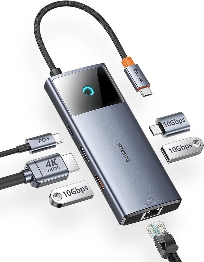 Baseus 10Gbps USB C Hub, 3 USB A/C Data Ports, 4K@60Hz HDMI, Gigabit Ethernet, 100W PD, 6 in 1 USB C Docking Station Compatible for iPhone 15/Dell/HP/Mac/iPad/Microsoft/Steam Deck