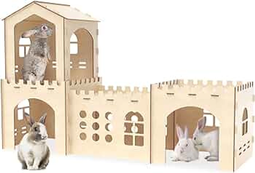 Woiworco Extra Large Rabbit Hideout, Wooden Rabbit Castle Bunny Spacious Breathable Hideouts for Indoor Bunnies, Hamsters and Guinea Pigs Hut to Hide