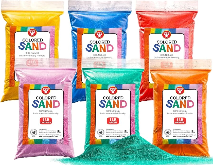 Colored Sand for Sand Art - Sand for Crafts - Vibrant Color Play Sand - Safe for Ages 3+ Fine Colorful Sand for Plants - Classroom Arts & Crafts for Kids- 6 1-lb. Bags, Assorted Colors - 6 lb. Total