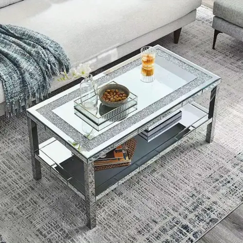 W 39.5" X D 19.5"X H 19.5" 2-layer crystal mirror stainless steel frame coffee table for use in offices, shops, living rooms, or bedrooms