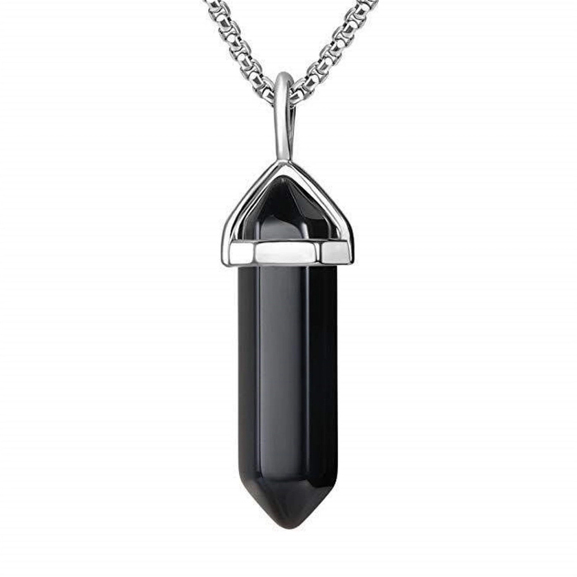 Black Obsidian Crystal Necklace Silver Pendant
