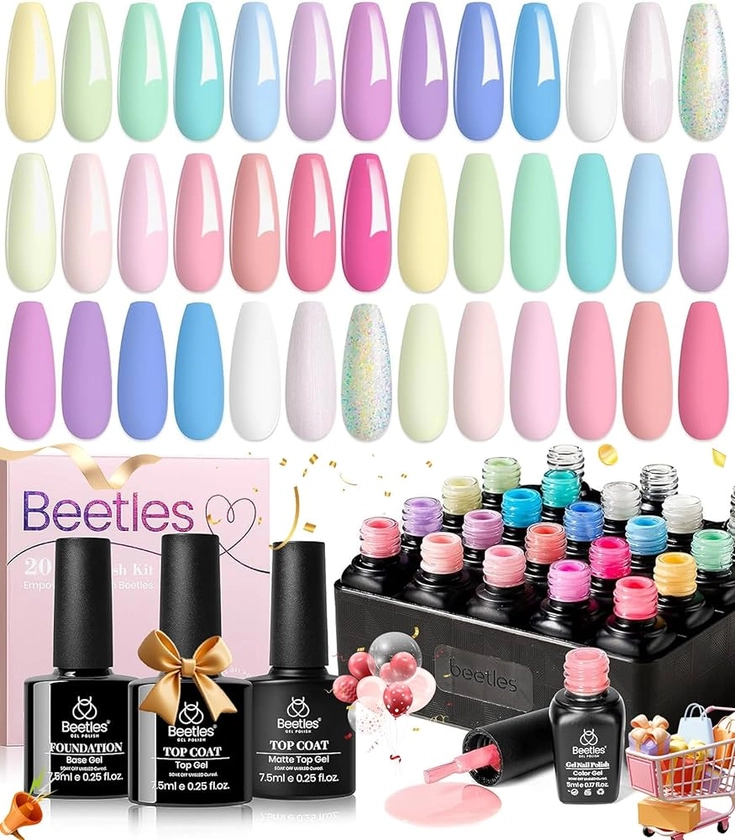 beetles Gel Polish Nail Set 20 Colors Summer Pastel Girly Sparkle Glitter Uv Gel Dreamy Town Collection Macaroon Bright Pastel Nail Manicure Kit with 3Pcs Base Top Coat Gift for Girls