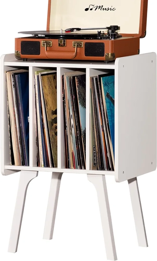 Record Player Stand,Vinyl Record Storage Table with 4 Cabinet Up to 100 Albums,Mid-Century Modern Turntable Stand with Wood Legs,White Vinyl Holder Display Shelf for Bedroom Living Room