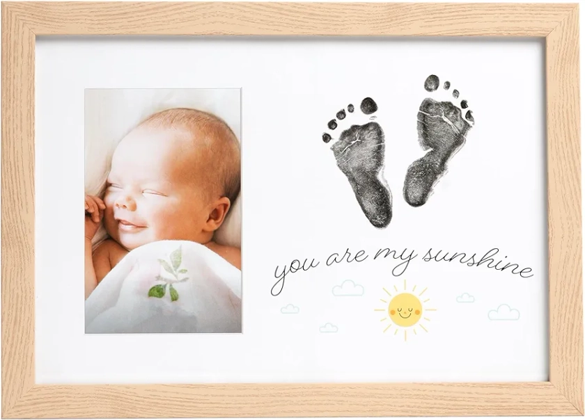 Kate & Milo You Are My Sunshine Baby Photo Frame, Baby Handprint and Footprint Frame, Included Ink Pad For Baby's Prints, Baby Boy and Baby Girl Gifts, Neutral Wood and White