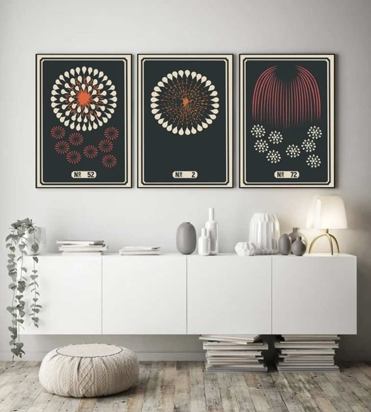 Ensemble de 3 affiches abstraites modernes en noir et blanc et rouge Feux d&#39;artifice du 4 juillet