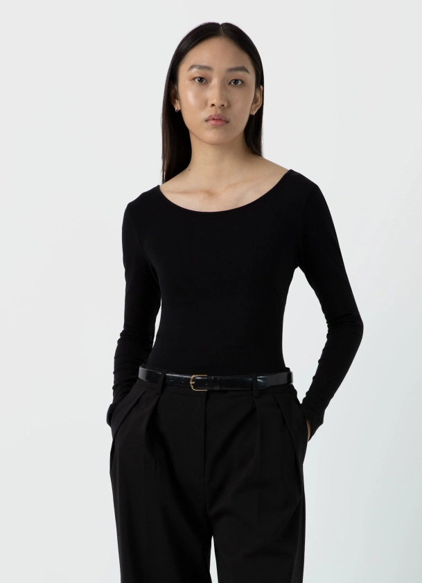 Women's Scoop Back Top in Black | Sunspel