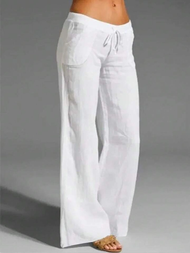 SHEIN Essnce Women White Cotton And Linen Pocket Casual Spring And Summer Long Pants
