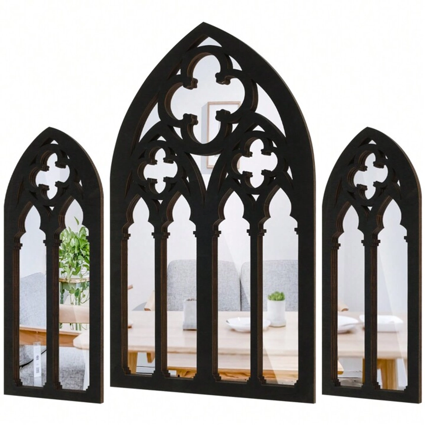 3Pcs Gothic Mirrors Wall Decor Arched Decorative Mirror Wall Mounted Goth Room Decor Vintage Cathedral Window Mirror Indoor Accent Mirror Wood Framed Entry Mirror For Living Room Bathroom Bedroom