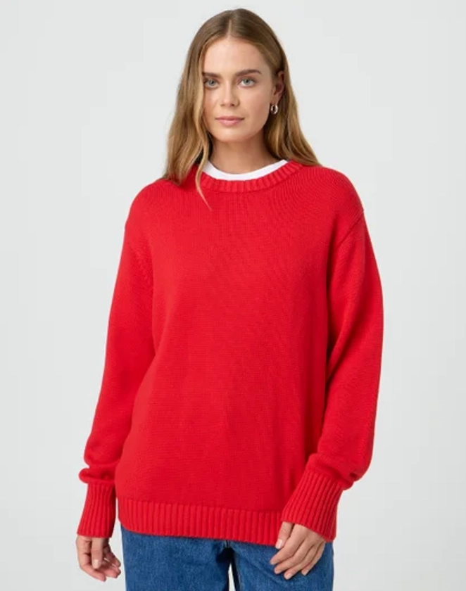 Longline Cotton Knit Jumper in Mulan Red | Glassons