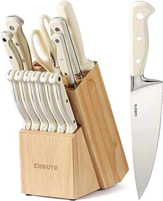 CAROTE 14 Pièces set Couteau Cuisine Professionnels en Acier Inoxydable, avec Bloc Couteaux en Bois, Compris Couteaux à Steak, Couteau de Chef,etc