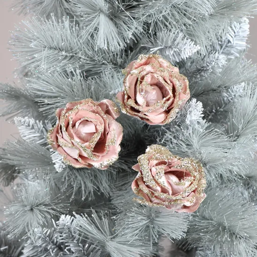 Christmas Decorations | Set Of 3 Pink Velvet Rose Tree Decorations | Melody Maison