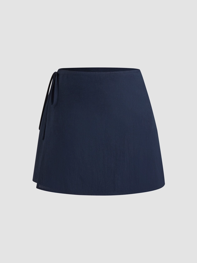 100% Cotton Mid Rise Solid Knotted Mini Skirt