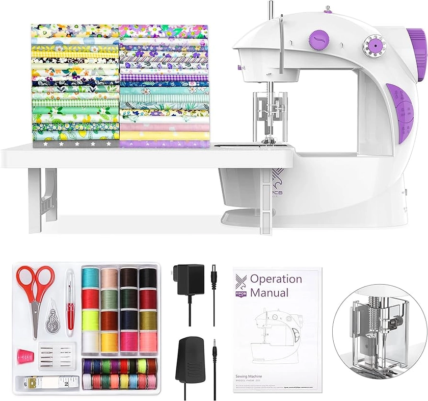 KPCB Tech Sewing Machine for Beginners [Full Set] with Finger Guard and Fabric Bundles - Mini Sewing Machine with Sewing Kits, Foot Pedal, US Adapter and Extension Table