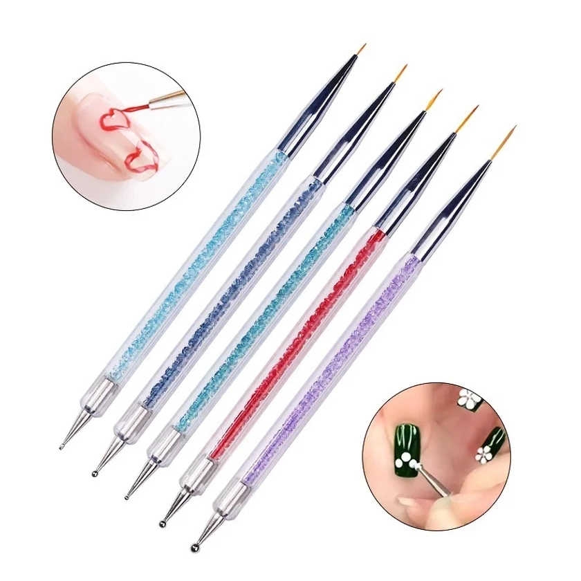 5pcs/Set 2 In 1 Dual-Ended Nail Art Liner Brushes With Crystal Handle Professional UV Gel Dotting Painting Drawing Pen DIY Tools