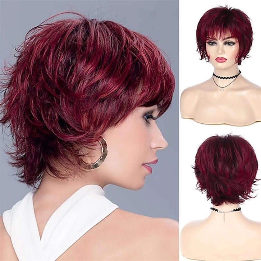 Wine Red Wig Short Layered Pixie Cut Hair Wigs for Women Synthetic Cosplay Wig with Bangs Female Wig Halloween Custome Party 2024 - GBP £18