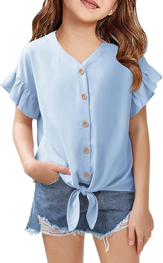 Girls Ruffle Short Sleeve Shirts V Neck Tie Front Knot Tops Button Cute Tunic Shirts Blouse