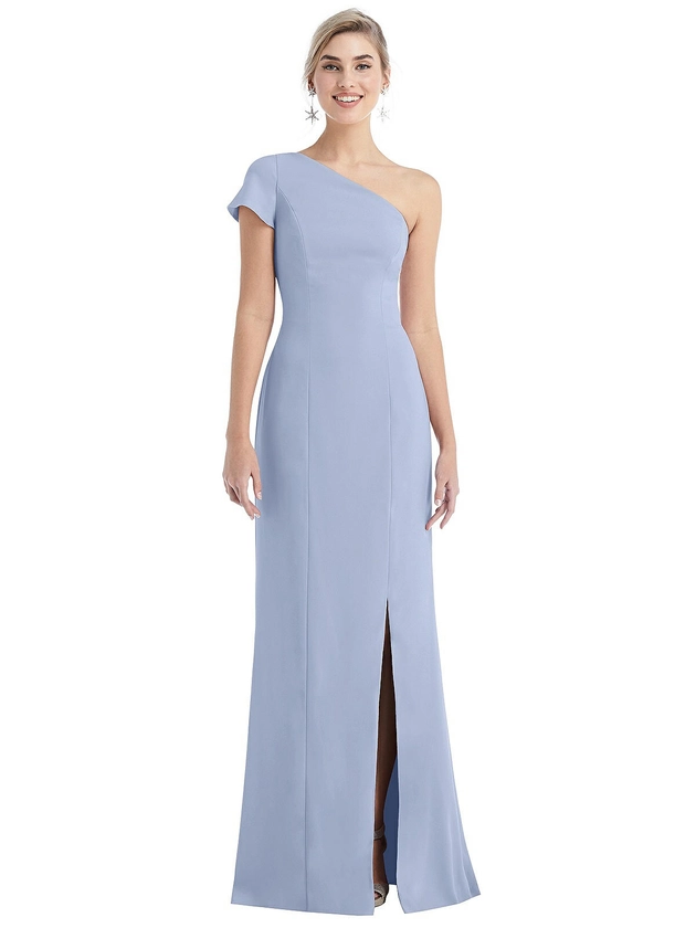 One-Shoulder Cap Sleeve Trumpet Gown with Front Slit