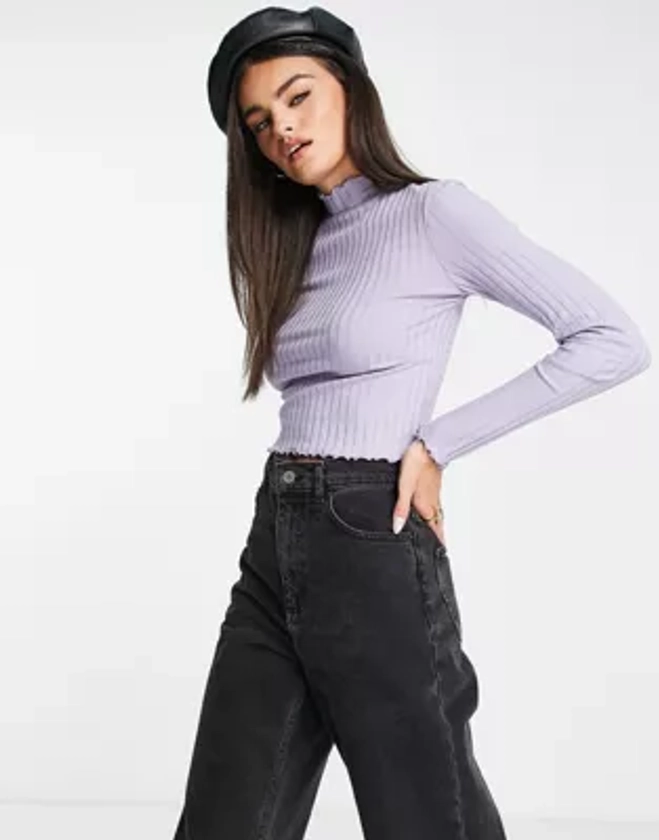 ASOS DESIGN fitted rib top with lettuce hem in lilac