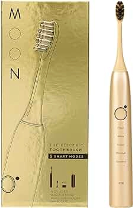 MOON Sonic Electric Toothbrush for Adults, 5 Smart Modes to Clean, Whiten, Massage and Polish Teeth, Rechargeable with Travel Case and 2 Toothbrush Heads, (Gold)