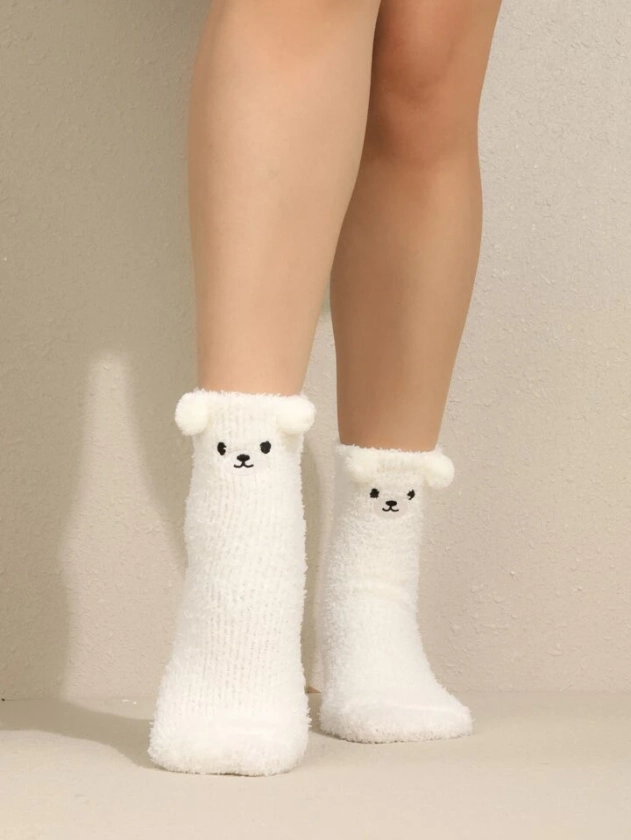 Calcetines de tripulación con bordado de oso con diseño de pompón