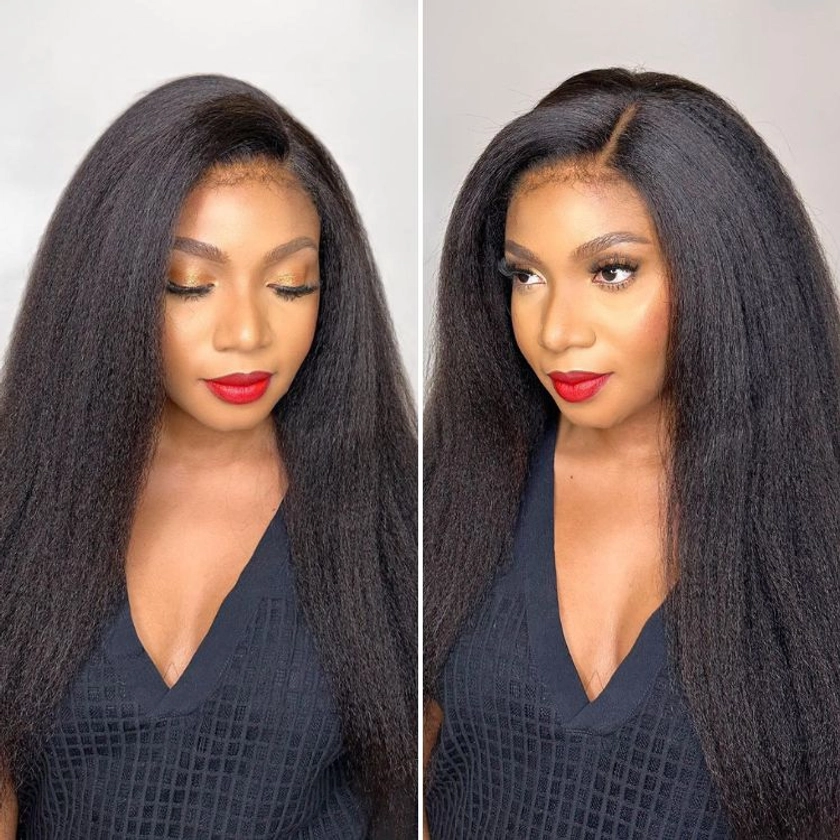 4C Edges | Natural Black Kinky Edges Kinky Straight 5x5 Closure Glueless Long Wig 100% Human Hair