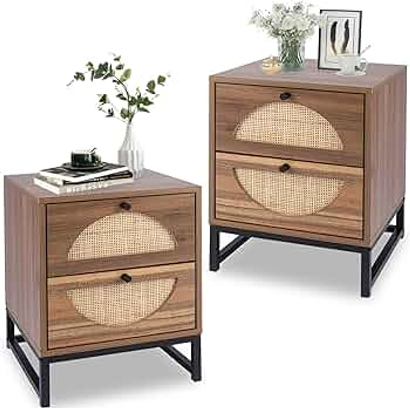 AWQM Rattan Nightstand Set of 2, Wood End Table Set of 2 Boho Night Stands with 2 Drawers,Bedside Table Sofa Side Table for Living Room,Bedroom,Brown